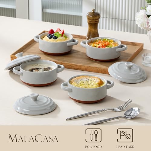 MALACASA Mini Cocotte Set of 4, 12 OZ Ramekins with Lids and Handles