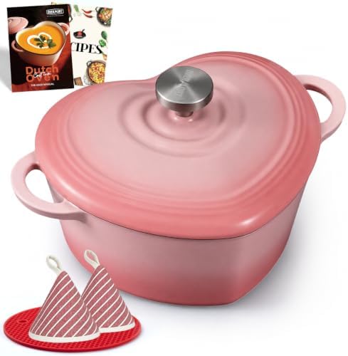 Overmont Enameled Cast Iron Dutch Oven - 2QT Pink Heart-Shaped Mini Pot
