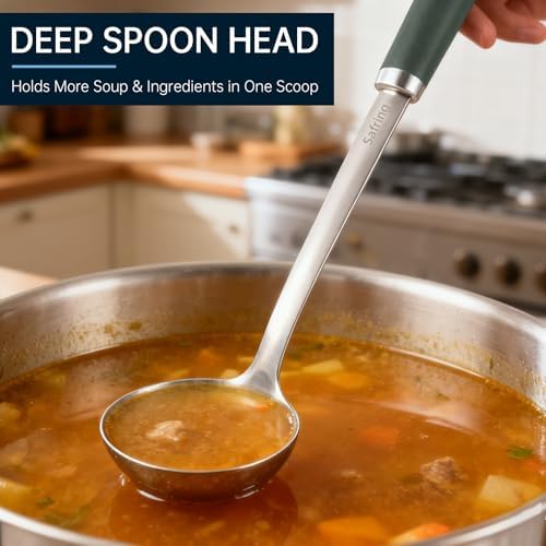 Safring Stainless Steel Soup Ladle and Spaghetti Spoon Set, Heat Resistant Rubber Handle, Dishwasher Safe, Kitchen Utensils for Cooking, Stirring, Serving Pasta, Soup & Sauce (Hunter Green)