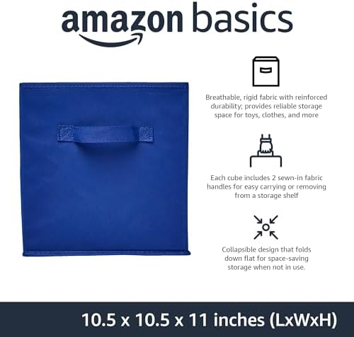 Amazon Basics Collapsible Fabric Storage Bins with Handles, Cube Organizer for Home Organization, 10.5"x10.5"x11", Navy, 6 Count (Pack of 5)