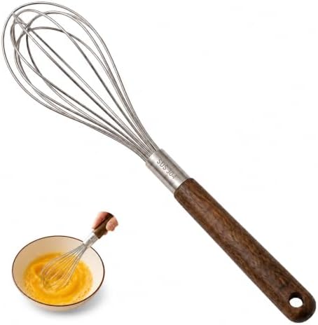 Mini Whisk 11.2 in, 304 Stainless Steel Balloon Head, Walnut Handle