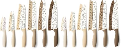 CAROTE 12PCS Knife Set, Kitchen Knife Set with 6 Blade Guards, Stainless Steel Knives Set With Nonstick Ceramic Coating, Rustproof, Delicate Floral Designs, White (Pack of 2)