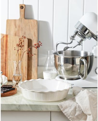 Deep Pie Dish for Baking, Ceramic Pie Pan for Apple Pie, Tart, Quiche Baking Dish, Farmhouse Decor Pie Plate, Deep Dish Pie Pan, Oven Safe, Off-White, Wave