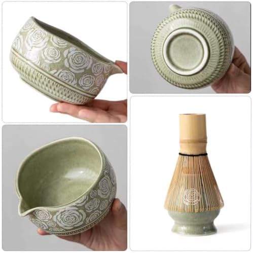 Matcha Whisk Set, 7-Pc Ceramic Matcha Bowl Kit, Bamboo Whisk,（Rose Green）
