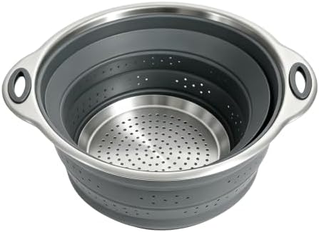 Mejoncb Collapsible Colander – Platinum Silicone Strainer with Stainless Steel Base, BPA-Free & Heat Resistant Kitchen Drain Basket (Gery)