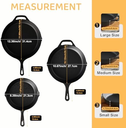 EWFEN Cast Iron Skillet 3-Piece Set, 8", 10" & 12" Pre-Seasoned Frying Pans, Heavy-Duty Professional Restaurant Chef Quality Cookware w/Drip Spout, Indoor & Outdoor Use, Oven, Stove, Grill & Campfire