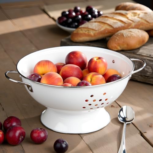 Reston Lloyd Calypso Basics Extra Large Enameled Colander with Solid Base, Strainer with Handles, for Pasta, Berries, Vegetables, Fruit, White ( 7 Quart, 224oz/ 6.6 L )