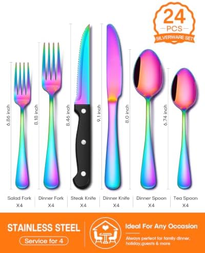 EUIRIO 24 Piece Rainbow Silverware Set with Steak Knives Stainless Steel Flatware Set for 4 Cutlery Utensil Set Includes Knife Mirror Polished Dishwasher Safe for Home Restaurant