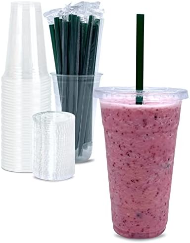 Cappatua 24 oz Clear Plastic Cups with Lids and STRAWS, Disposable Drinking Cups for Cold Drinks, Iced Coffee, Milkshakes, Smoothies, 25 Sets