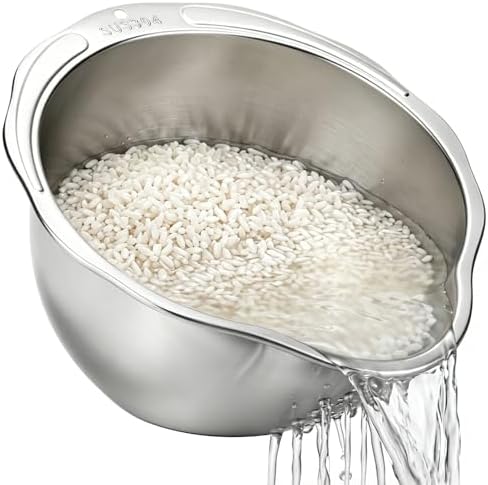 Palksky Rice Strainer & Rice Washing Bowl Stainless Steel - 5.6 Qt Professional Fine Mesh Rice Washer for Kitchen - Heavy Duty Rice Rinser, Cleaner & Drainer Colander for Quinoa, Grains & Fruit