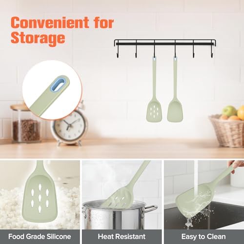 Silicone Spatula Set of 2 Pack, Heat Resistant Solid&Slotted Turner (GREEN)