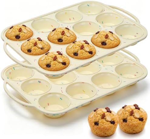 CAKETIME Silicone Muffin Pan, Metal Reinforced Frame Regular Size 2.8 Inch Cupcake Pan with Handle 12 Cups Nonstick Muffin Tray for Baking BPA Free 2 Pack