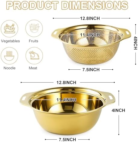 Gulex Colander Stainless Steel 5-quart with Bowls, Strainer Kitchen, Gold
