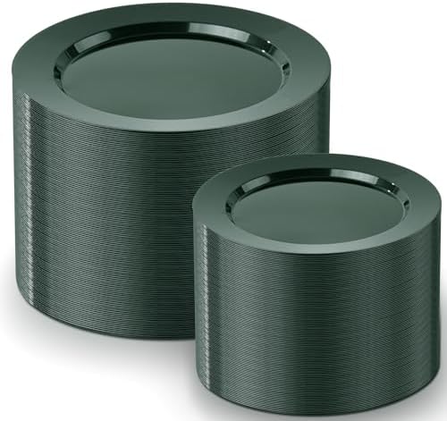 FLOWERCAT 200PCS Dark Green Plastic Plates Disposable Plates for Party - Heavy Duty Plastic Plates - 10" &7" Plate for 100 Guests New Year Parties and Events