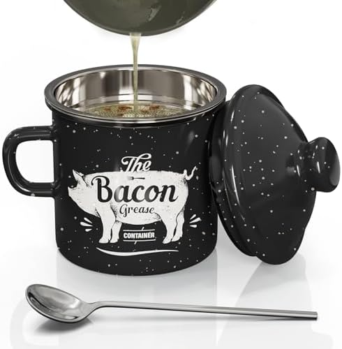 Bacon Grease Container with Strainer-15OZ Enamel Saver, Dishwasher Safe
