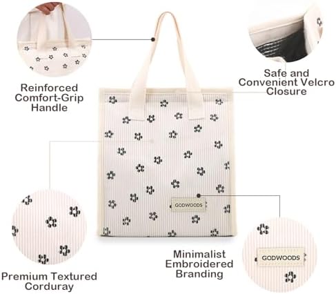 TELLUMO Corduroy Insulated Lunch Bag, 7.75L Large Capacity Reusable Lunch Box, Cute Lunch Tote for Women Men, Leakproof Lunch Cooler for Work Picnic Travel (Corduroy BlackClub)