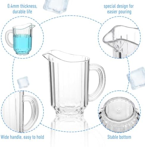 3 Pack (60 oz) Plastic Pitcher Unbreakable Jug,Restaurant-Grade Polycarbonate Beverage Dispenser with Pour Spout, Beer Jar Clear Carafe, Dishwasher