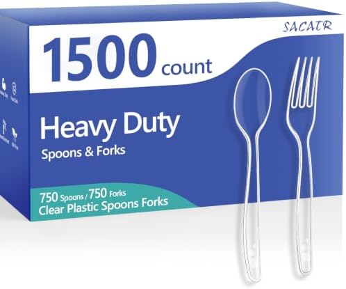 SACATR 1500 Count Clear Plastic Silverware Heavy Duty Forks, Spoons
