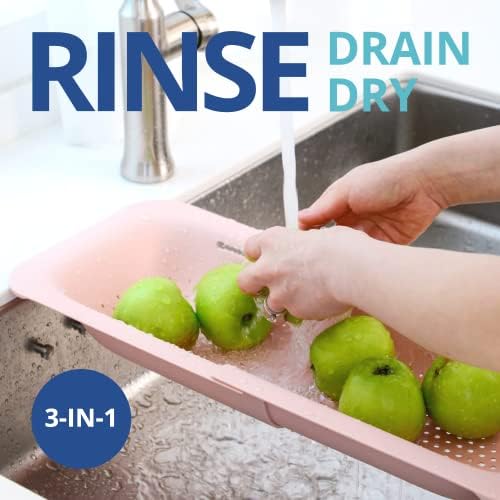 Blue Ginkgo Over Sink Colander, Extendable Kitchen Strainer, Pink