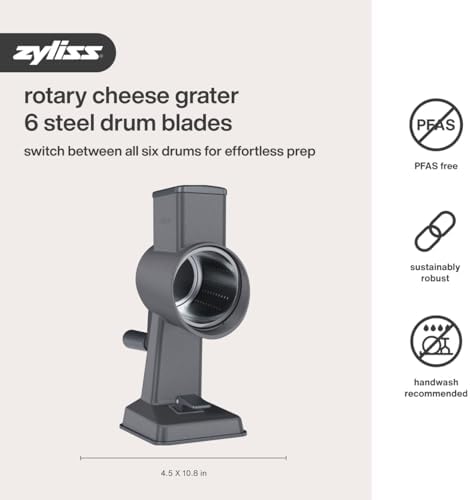 Zyliss Rotary Drum Grater, With 6 Steel Drums for Cheese, Vegetables & More