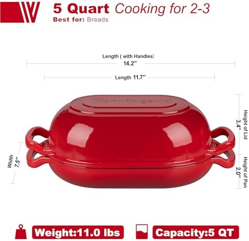 VORRINGARD Enameled Cast Iron Sourdough Bread Oven, Dutch Oven, Loaf Cast Iron Bread Pan for Homemade Bread Baking, Meatloaf Pan with Lid, 5QT, Red