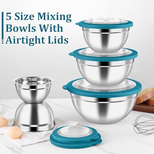 P&P CHEF Metal Mixing Bowls with Lids Set, Visible Airtight Lids & Blue
