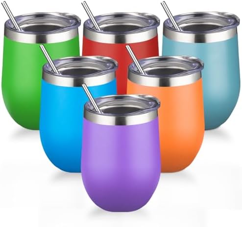 12oz/6 Pack Stainless Steel Wine Tumbler with Lid and Straw, Double Wall Vacuum Insulated Wine Tumbler Glasses, Stemless Travel Mugs for Hot and Cold Drinks, Coffee, Wine, Cocktails