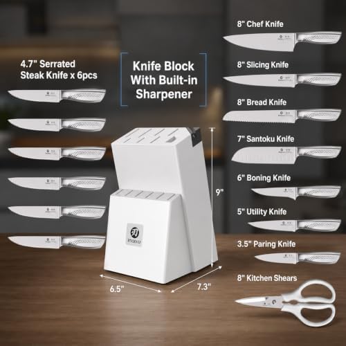imarku 15PCS White Knife Set, High Carbon Stainless Steel with Sharpener