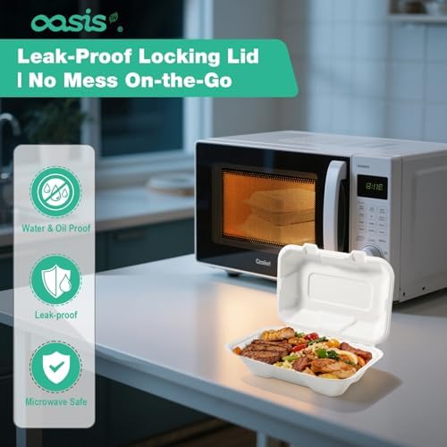 9x6x3 Inch 68 Pack Clamshell Take Out Food Containers, Compostable Disposable Paper To Go Boxes with Lids, Heavy Duty Sugarcane Bagasse Lunch Boxes for Leftovers, Meal Prep & Takeout, White