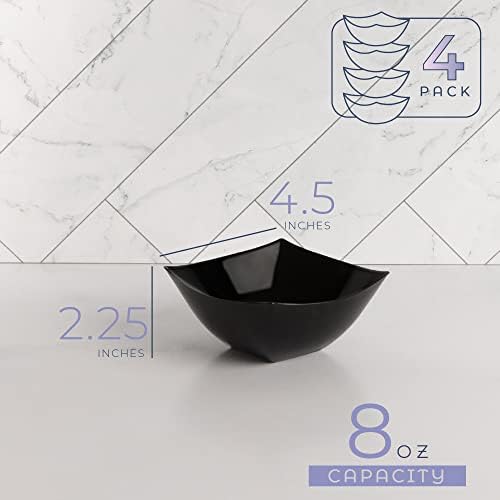 PLASTICPRO Disposable Square Serving Bowls, Party Snack or Salad Bowl, Plastic Black Pack of 4, 8 OUNCE, Black