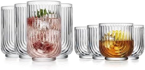 Glaver's 8-Piece Drinking Glass Set, Art Deco Ribbed Arch Glassware, Clear U-Shape Design, 17oz Highball and 11oz DOF Glasses Kitchen Glasses
