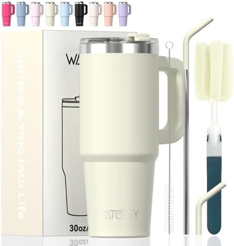 30 oz Tumbler with Handle,Tumbler with Lid and Straw,Double Wall Insulated Cup Stainless Steel Travel Mug(Cold for 34 Hours),Water Bottle for Iced Tea,Coffee,Cold Beverages(Cream White)