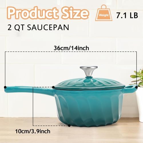 Enameled Cast Iron Sauce Pan with Lid, 2 Quart Saucepan with Lid