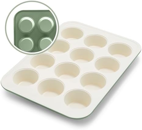 GreenLife 12-Cup Muffin Pan, PFAS-Free Healthy Nonstick Baking Tray, 11.4" x 1.9" x 15.9", Durable Ceramic Bakeware, Cupcakes, Egg Bites, Tarts, Brownies, Sage, (Pack of 6)