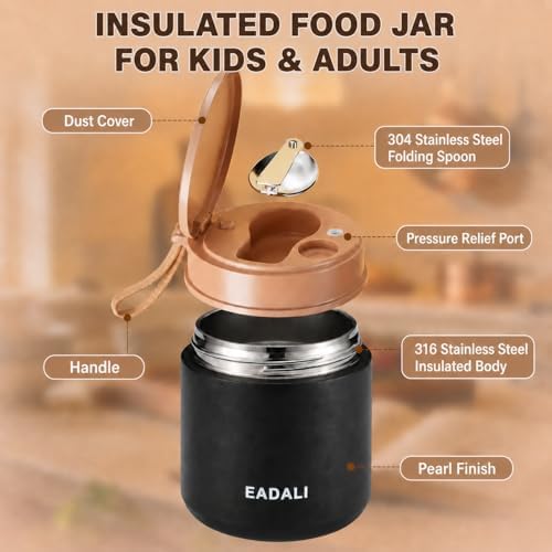 Eadali 15.2oz Kids Food Jar for Hot Food – Vacuum Insulated Lunch Container with 316 Stainless Steel Interior, Leakproof Wide Mouth & Foldable Spoon for School Meals