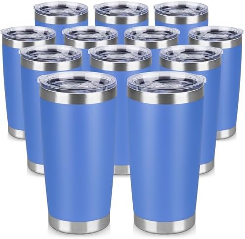 20 oz Tumbler Stainless Steel Tumblers Bulk with Lid Double Wall Insulated Coffee Tumbler Cups for Hot & Cold Drinks Powder Coated Travel Coffee Tumbler Mug Metal (Azure, 12 pack)