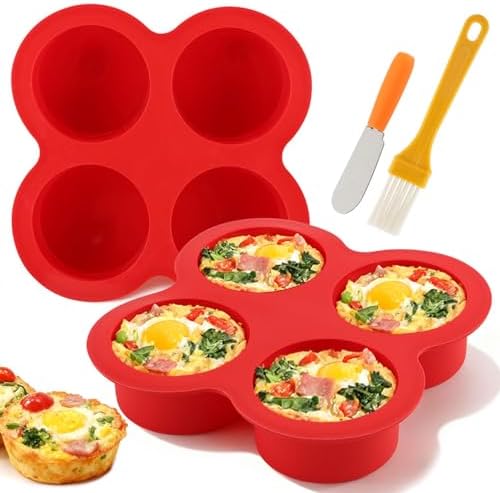 2 Pack Silicone Egg Bite Molds with 1 Spatula & 1 Brush, 4 Cups Silicone Air Fryer Baking Pan Non-Stick for Egg Bites, Cupcake, Tart, Frittata, Quiche, Muffins, Cornbread