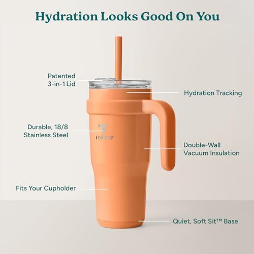 REDUCE 24 oz Tumbler with Handle - Vacuum Insulated Stainless Steel Travel Mug with Sip-It-Your-Way Lid and Straw - Keeps Drinks Cold up to 24 Hours - Sweat Proof, Dishwasher Safe - OG Papaya