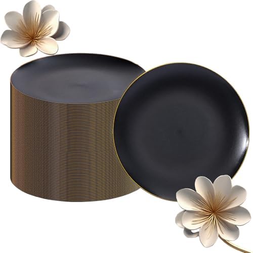EjonirInjonir 80pcs Heavy Duty Black Dessert Plates for Weddings, Gold Rim