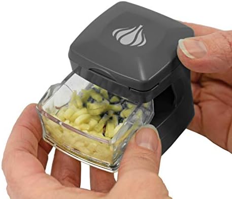 Garlic-A-Peel Garlic Press, Crusher, Cutter, Mincer, and Storage Container - Includes Silicone Garlic Peeler - Easy to Clean - Stainless Steel Blades – (Grey), standard