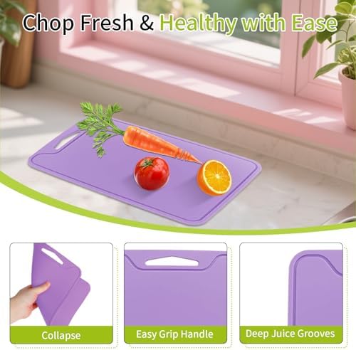 Flexible Plastic Cutting Boards for Kitchen, 11.8''x 8.6'' Silicone Cutting Board, BPA Free Non Slip Cutting Mat for Meat, Vegetables and Fruit with Easy Grip Handle, Dishwasher Safe (Purple)