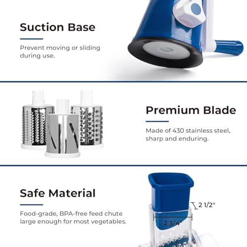 X Home 3‑Blade Rotary Cheese Grater for Kitchen, Dark Blue