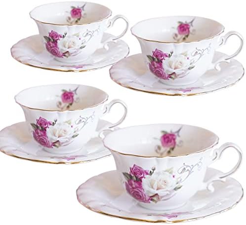 Ceramic Tea Cups Coffee Cup and Saucers Set of 4 (Rose)