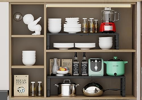 Jojocross Expandable Adjustable Stackable Kitchen Organizer, Spice Rack,Metal Pantry Storage Shelves Racks,Counter Shelf for Cabinets, Countertop, Cupboard (2 Packs/Large/Black)