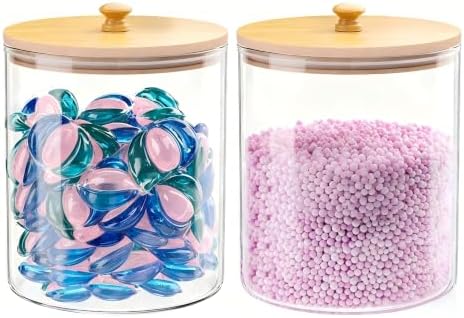 HomePekite Glass Laundry Pods Storage Container, Laundry Room Organization and Storage, Detergent Powder Container, with Wooden Lids & Labels, 2 Pack