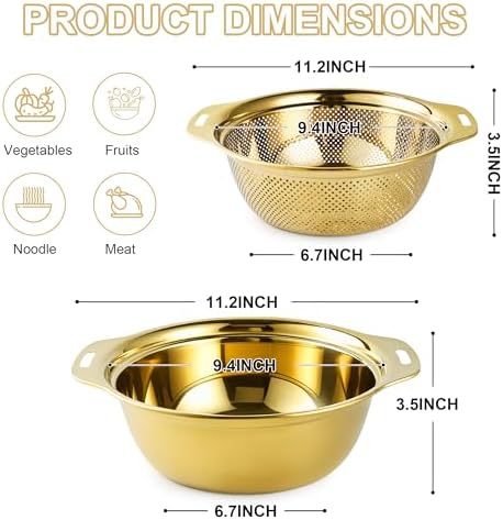 Gulex Colander Stainless Steel 4-quart with Bowls, Strainer Kitchen, Gold