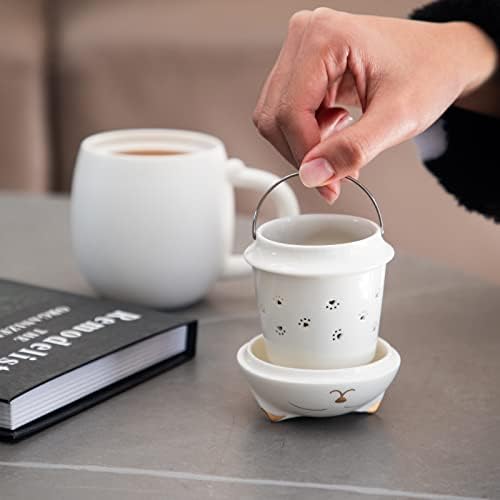 HEER Cat Ceramic Tea Mug 13.5oz with Infuser and Lid, White