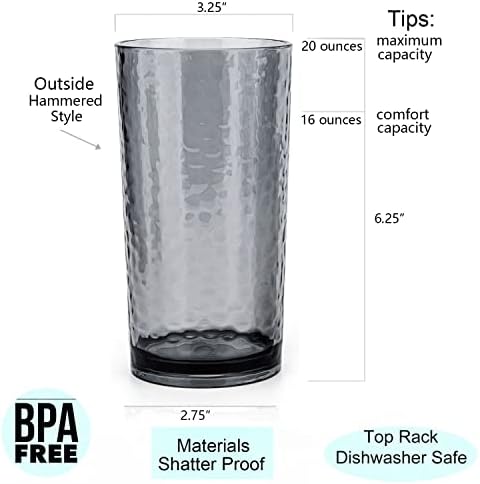 KX-WARE 14-ounce and 20-ounce Acrylic Glasses Plastic Tumbler, set of 8 Smoky Grey - Hammered Style, Dishwasher Safe, BPA Free
