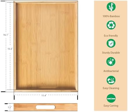 Krismax Serving Tray with Handles, Bamboo Breakfast Tray Wooden Trays Decorative Serving Platter for Eating, Working, Storing, Used in Bedroom, Kitchen, Living Room, Bathroom, Hospital and Outdoors