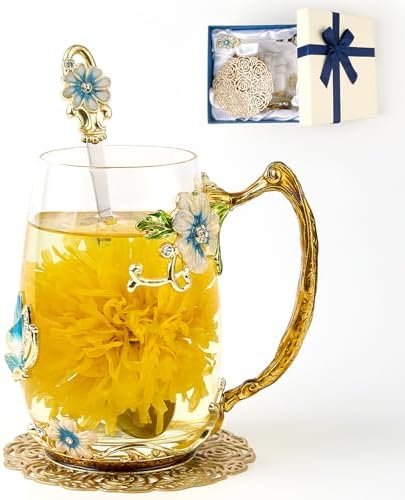 Flower Tea Cup,Butterfly Daisy Glass Fancy Coffee Mug with Spoon,Gift Box for Her Mom Wife Grandma Girls Friends Valentines Christmas Birthday Present Idea for Juice,Hot/Cold Drinks Use
